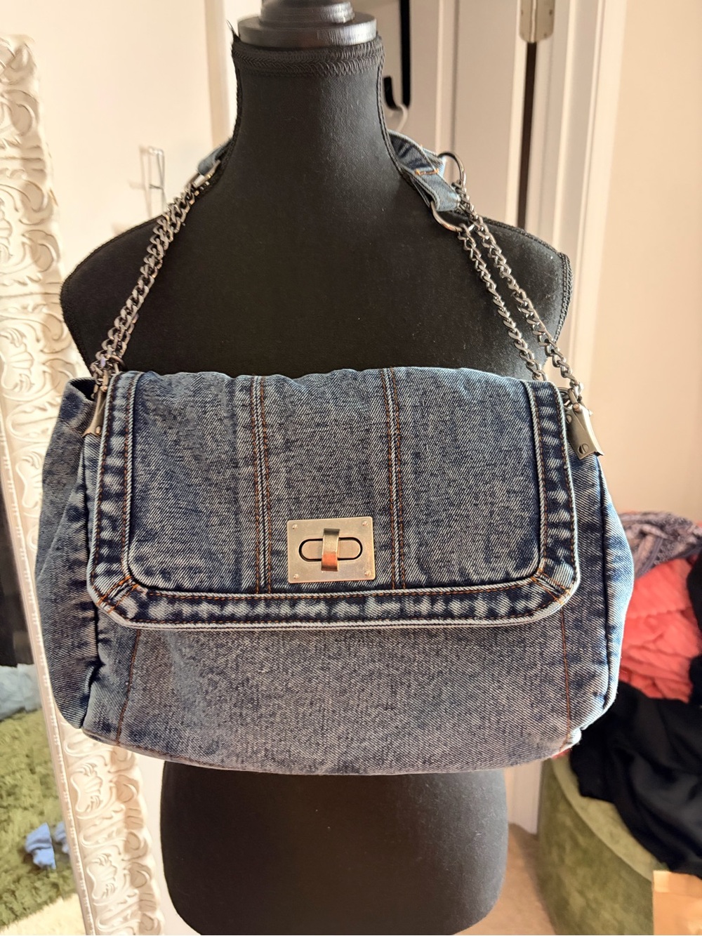 Denim Shoulder Bag with Silver Chain